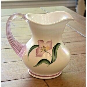 Fenton Opalescent Small Pitcher with Pink Handle Hand Painted and Signed